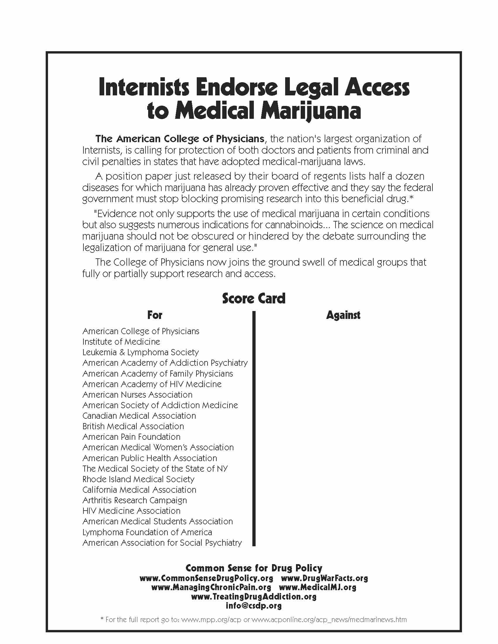 Internists Endorse Legal Access to Medical Marijuana